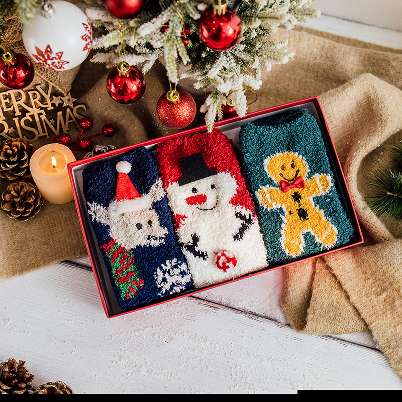 3 Pairs / Boxed Female Sleeping Cute Coral Velvet Christmas Stockings Thick Warm Home Floor Socks Crew Socks